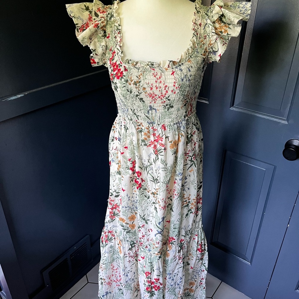 Tuckernuck Gray and Green Ruffled Smocked Maxi Sundress